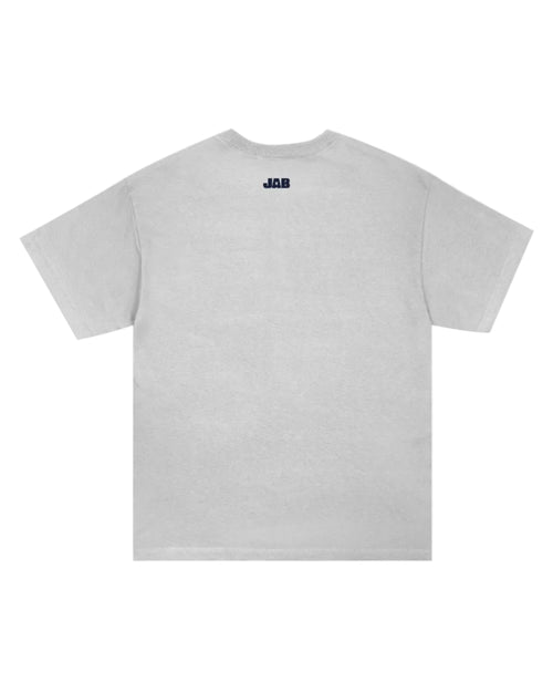 Gray t-shirt with 'JAB' logo on the back against a white background